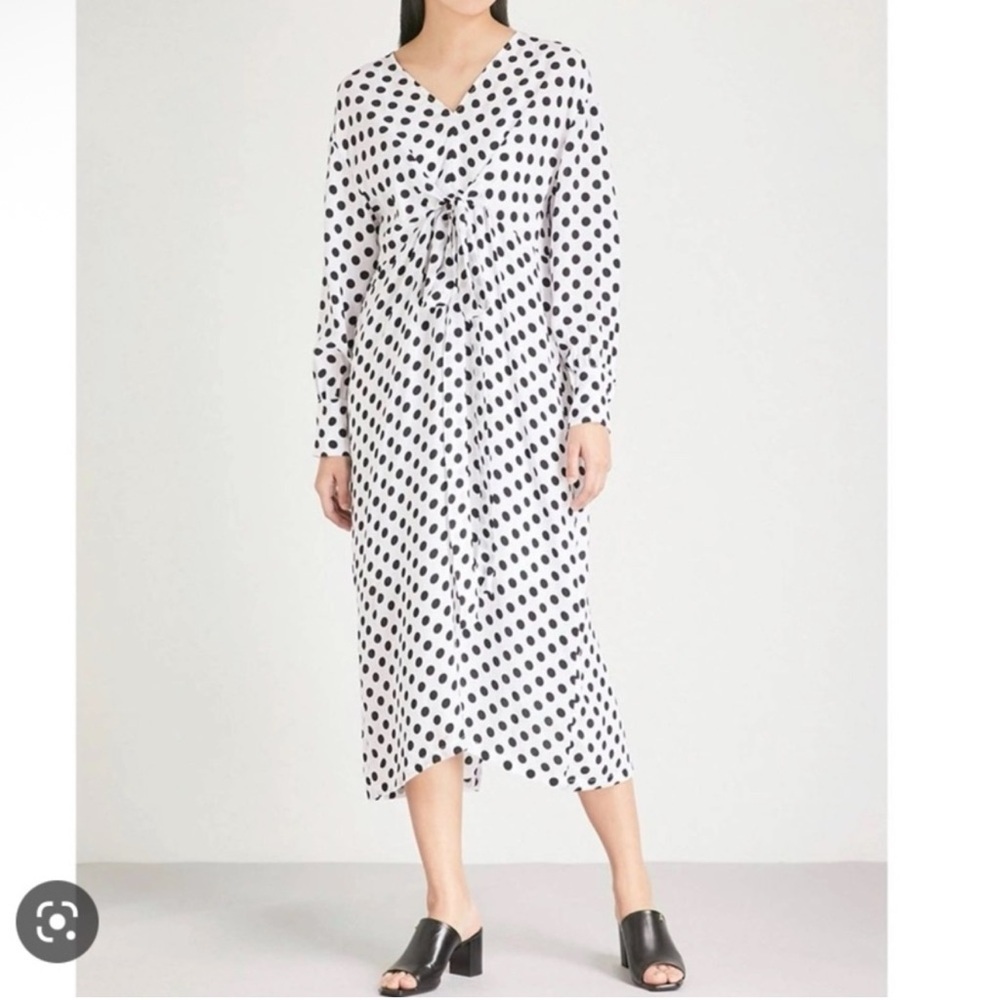 MAJE Ristal Midi Dress Women Size 2 Polka Dot Tie Waist White Black Excellent